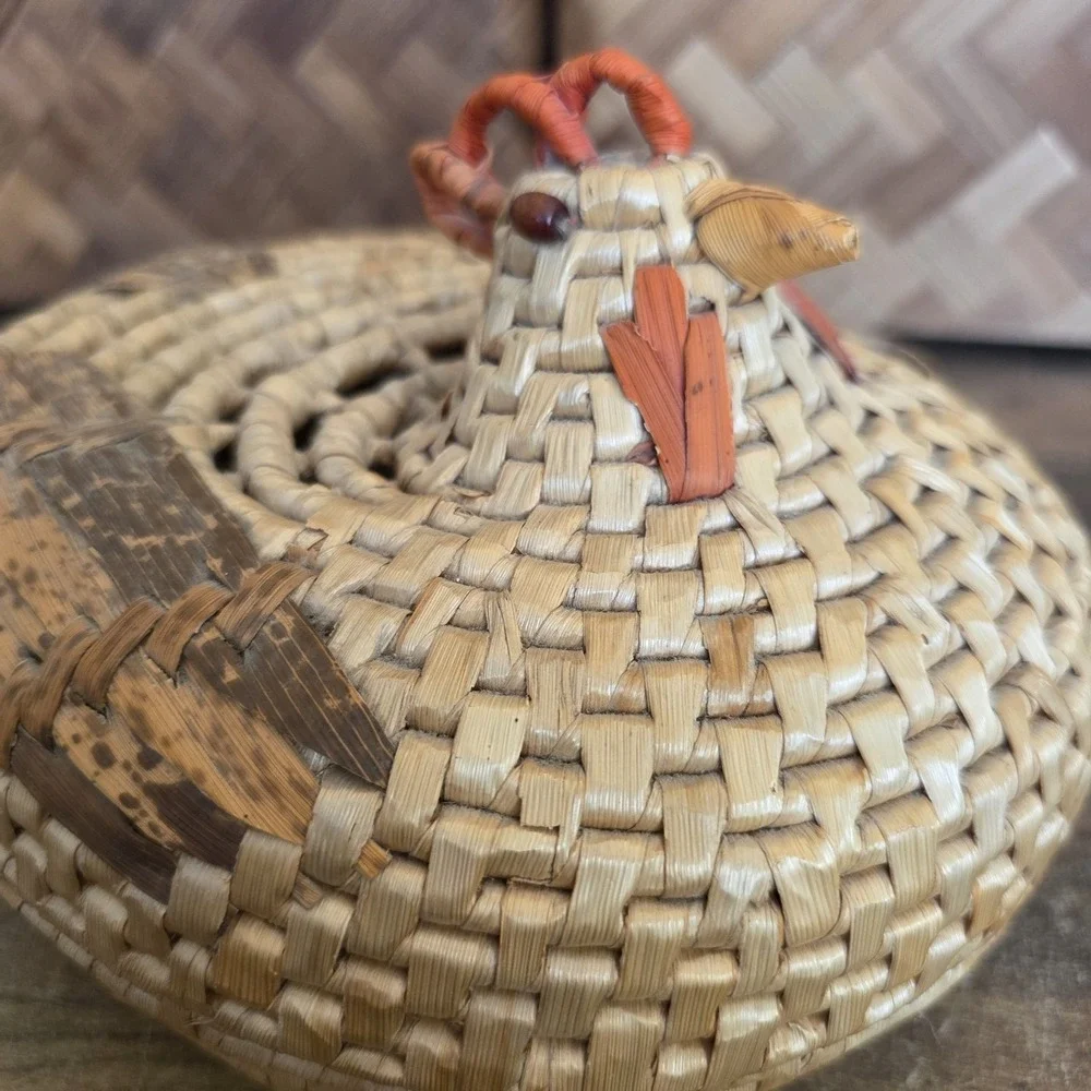 Vintage Woven Basket Chicken Rooster Wicker Unique Primitive with Lid Home Decor